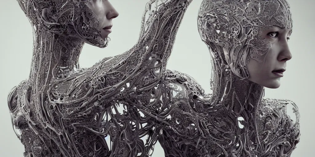 Prompt: realistic photography of a beautiful cyborg androgynous humanoid, back, reaching, holding close, in liquid, intricate filigree, in the style of beth cavener, jin kagetsu, wlop, highly detailed, symmetry, masterpiece, concept art, ringflash, highkey lighting, ambient lighting, octane render, 8 k, artstation