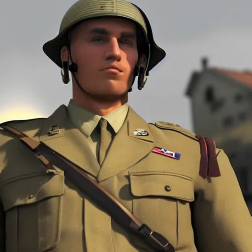 Image similar to jerma 9 8 5 dressed in an american ww 2 uniform during d - day, cinematic lighting, photorealistic, highly detailed