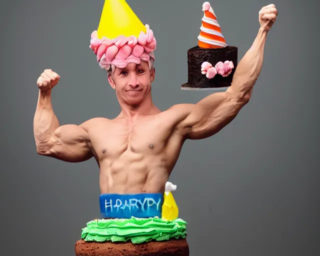 Image similar to human birthday cake hybrid, muscular arms, studio photography, humanoid cake