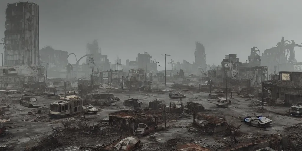 Prompt: wide angle shot of dilapidated fallout 5 city in real life, desolate dilapidated town, empty streets, nightmarish, some rusted retro futuristic fallout style parked cars, overcast, blankets of fog pockets, rain, volumetric lighting, beautiful, daytime, autumn, sharp focus, ultra detailed, cgsociety