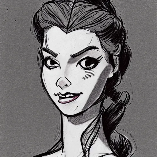 Image similar to milt kahl sketch of vanessa hudgeons with done up hair, tendrils covering face and ponytail as princess padme from star wars episode 3