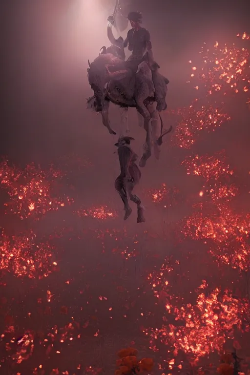 Prompt: Surreal Cernunos Floating in the air, in the middle of a garden of white roses in flames, Cinematic lighting, insanely detailed, mist, trending on artstation, golden ratio, ultra super good 3D render by Pete Morbacher