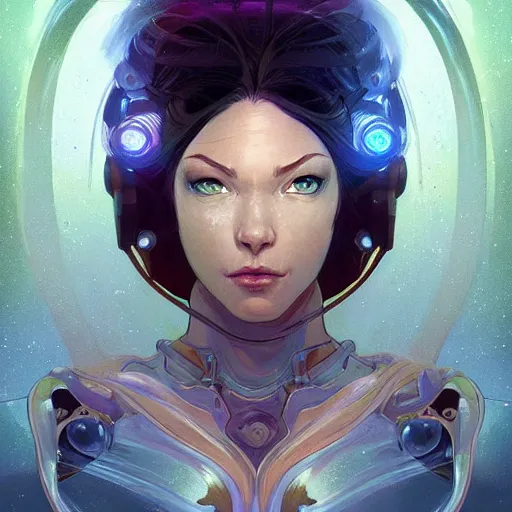 Image similar to cyborg, female, fantasy, bioluminiscence, flowing hair, portrait, highly detailed, digital painting, beautiful eyes, symmetry, concept art, sharp focus, illustration, art by artgerm and greg rutkowski and magali villeneuve and ilya kuvshinov! : : alphonse mucha : : - 0. 2