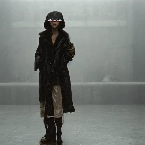 Image similar to cinematic portrait of a runaway replicant with tribal facepaint and a plastic raincoat in an empty room, still from the movie bladerunner, fashion photography