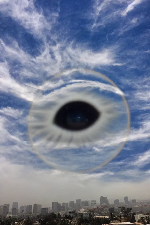 Prompt: giant eyeball!!!!! floating! in the clouds above southern california city