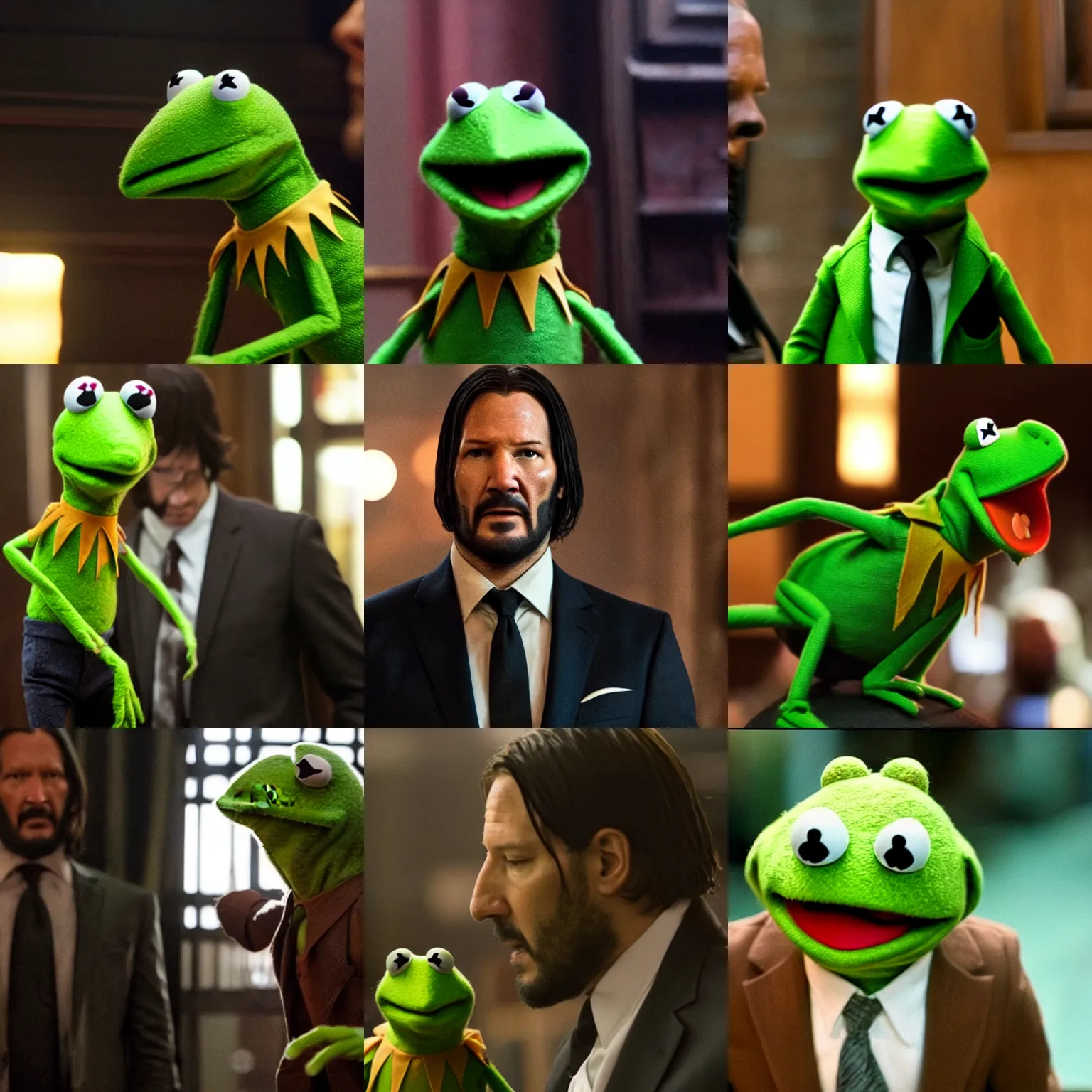 Prompt: Kermit the Frog as John Wick in a still from the film John Wick (2014)