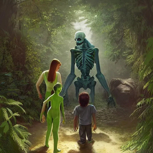 Image similar to A family portrait at the zoo of a sasquatch, a human lizard, a green alien and a skeleton, photorealistic style, artstation, Greg rutkowski, digital Art,