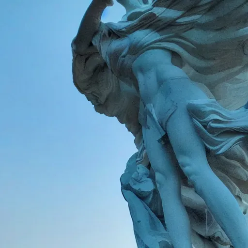 Image similar to venus, nike, the winged victory of samothrace statue made of cyan crystal on a rock in the clouds dramatic low light volumetric lighting epic towering clouds central composition stylised close up to ample soft touch lighting from the side by sunset