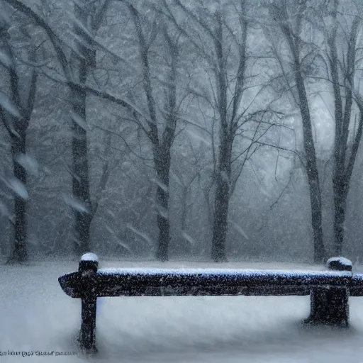 Prompt: a park bench under falling snowflakes, trending on artstation