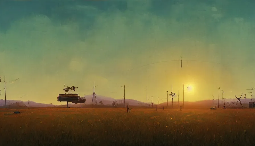 Prompt: space antennas, sun in the sky, early morning, open field, simon stalenhag, art deco painting