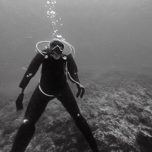 Prompt: humanoid entity in a diving suit, combing the ocean floor