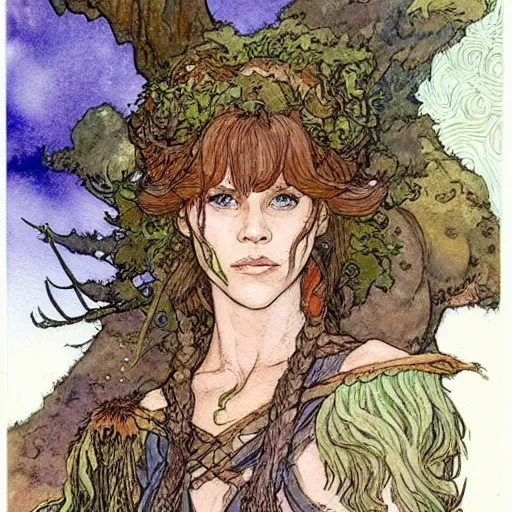 Image similar to a realistic and atmospheric watercolour fantasy character concept art upper body image of a young jane fonda in her 2 0 s posing as a druidic warrior wizard looking at the camera with an intelligent gaze by rebecca guay, michael kaluta, charles vess and jean moebius giraud