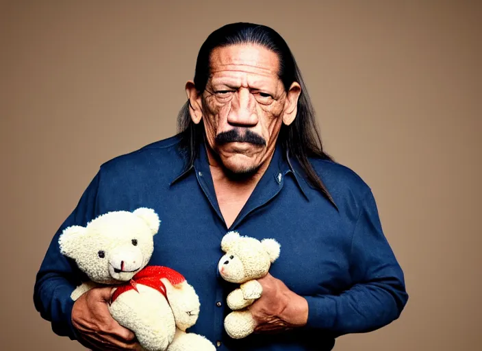 Image similar to photo still of danny trejo at the county fair!!!!!!!! at age 5 6 years old 5 6 years of age!!!!!!!! holding a teddy bear he won, 8 k, 8 5 mm f 1. 8, studio lighting, rim light, right side key light