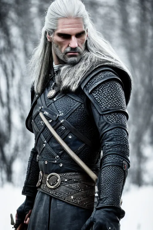 Image similar to portrait of geralt of rivia, 5 5 mm lens, professional photograph, serious, stern look