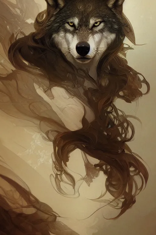 Prompt: portrait of a wolf, intricate, elegant, highly detailed, digital painting, artstation, concept art, smooth, sharp focus, illustration, art by Krenz Cushart and Artem Demura and alphonse mucha