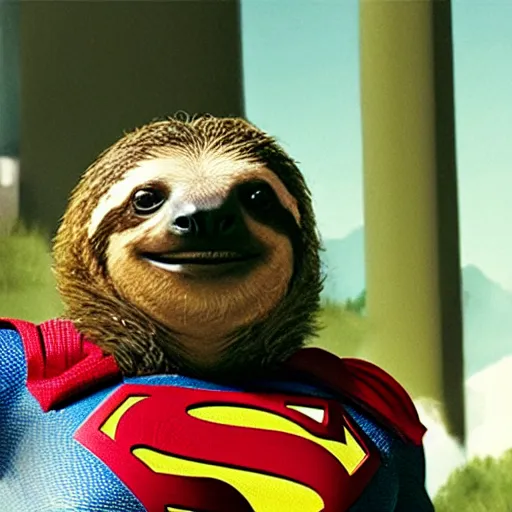 Prompt: movie still of a sloth as superman in superman