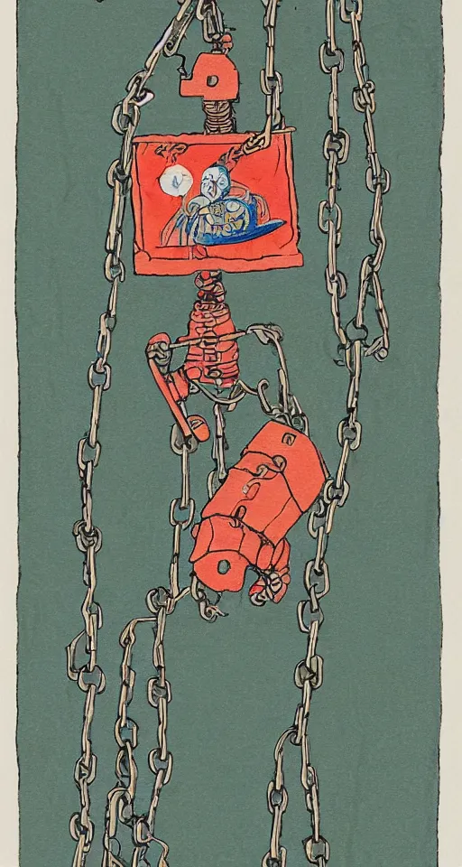 Image similar to a robot hanging by his feet in chains upside down peacefully, beautiful coloured Japanese ink painting inspired by the hanged man tarot card, soft lines