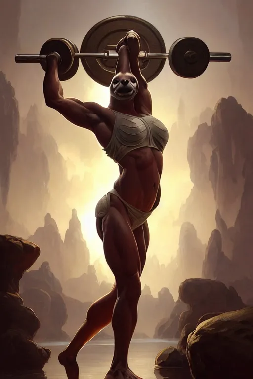 Image similar to anthro sloth lifting weights, dim dingy gym, dynamic pose, fantasy, intricate, elegant, highly detailed, digital painting, artstation, concept art, matte, sharp focus, illustration, art by artgerm and greg rutkowski and alphonse mucha