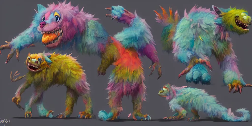 Image similar to big friendly furry monster, colorful, character sheet, greg rutkowski, zabrocki, karlkka, jayison devadas, trending on artstation, 8 k, ultra wide angle, zenith view, pincushion lens effect