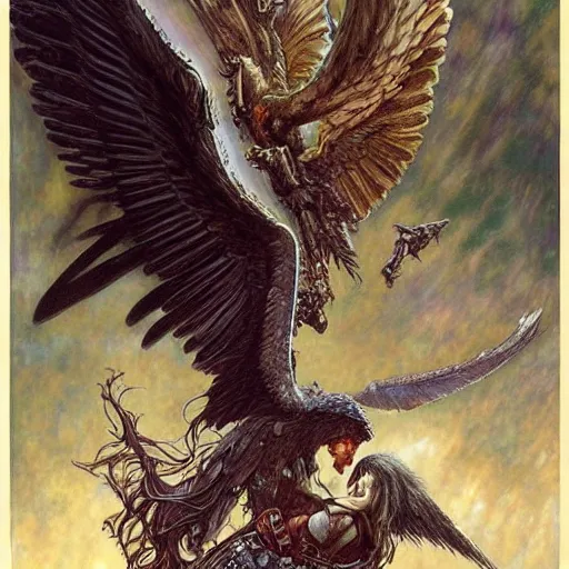 Prompt: giant eagle eating a flying harpy with huge eagle wings being eaten by giant eagle, d & d, fantasy, luis royo, magali villeneuve, donato giancola, wlop, krenz cushart, hans zatka, klimt, alphonse mucha