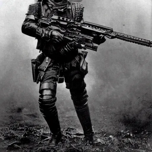 Image similar to old black and white photo, 1 9 1 3, depicting bruce willis in combat armor with guns, historical record, volumetric fog