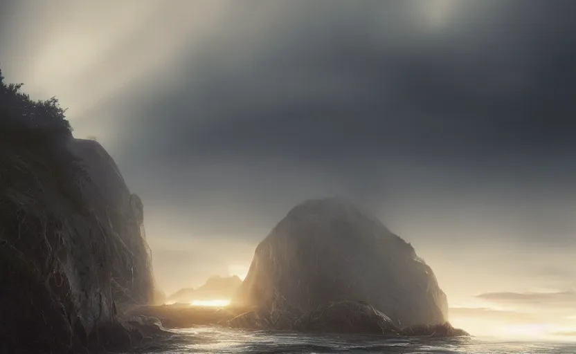 Image similar to exterior traveling greyhound bus circa 2 0 1 5, directed by charlie kaufman ( 2 0 0 1 ) anamorphic lenses, a rocky shore in the foreground, foggy volumetric light morning, a beam of light from the heavens, cinematic trending on artstation in the style of greg rutkowski