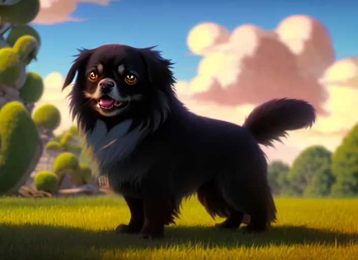 Prompt: a wholesome animation key shot of a black tibetan spaniel, in spain, studio ghibli, pixar and disney animation, sharp, rendered in unreal engine 5, anime key art by greg rutkowski, bloom, dramatic lighting