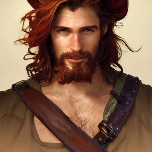 Image similar to portrait of a young ruggedly handsome but joyful pirate, male, masculine, upper body, red hair, long hair, d & d, fantasy, easy go happy personality, intricate, elegant, highly detailed, digital painting, artstation, concept art, matte, sharp focus, illustration, art by artgerm and greg rutkowski and alphonse mucha