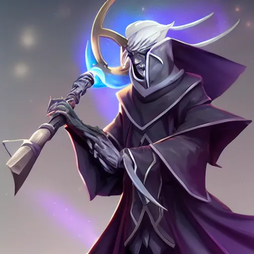 Image similar to Karthus from League of Legends holding a magical staff, laughing, anime art style