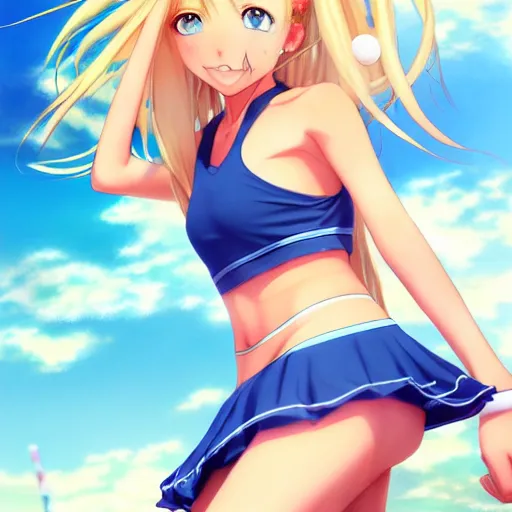 Image similar to a very beautiful young anime tennis girl, full body, long dreadlocks blond hair, sky blue eyes, full round face, short smile, bikini, miniskirt, highly detailed, cinematic wallpaper by stanley artgerm lau
