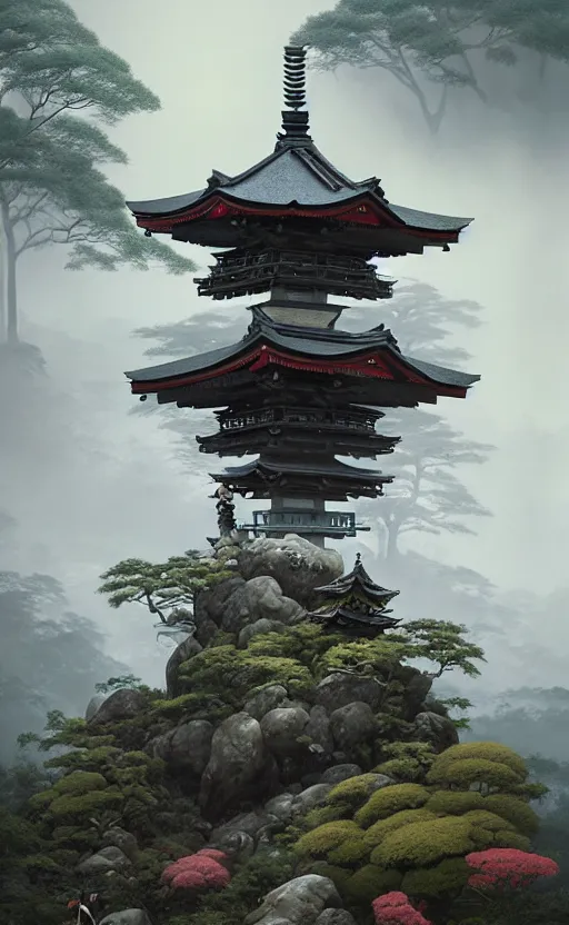 Prompt: japanese style shrine on top of a misty mountain overgrown, hyper realistic, lush gnarly plants, 8 k, denoised, by greg rutkowski, tom bagshaw, james gurney cinematic lighting