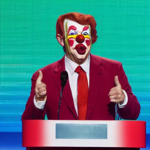 Image similar to photo of a president with clown face giving a speech in television