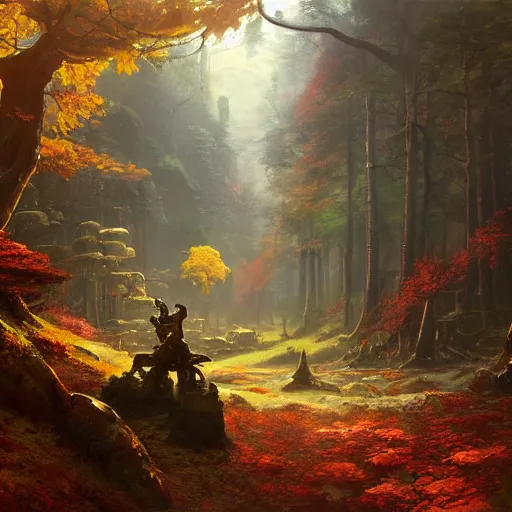 Image similar to autumn forest with a single giant crumbling copper warrior statue, fantasy concept art by tyler edlin, antoine blanchard, thomas cole