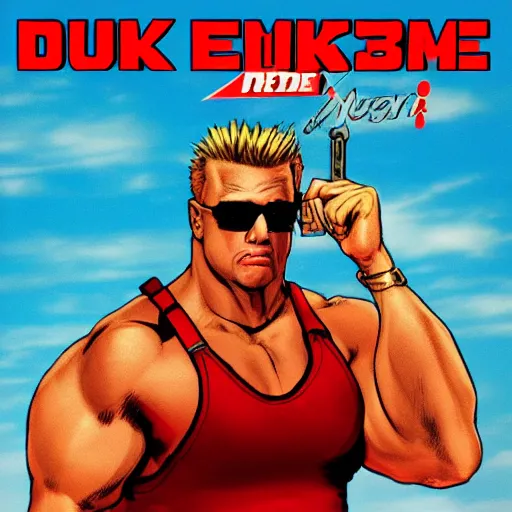 Prompt: Duke Nukem, red tank-top, Duke Nukem 90s cover art