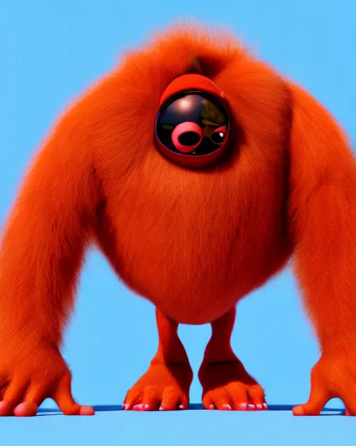 Image similar to 3 d render of completely red hairy friendly antropomorphic robust creature wearing chrome shades, without nose, full body, in the style of pixar, white background, unreal engine 5, octane render, highly detailed hdr
