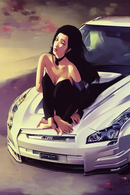 Image similar to A ultradetailed beautiful panting of a stylish woman sitting on a Nissan GTR, Oil painting, by Ilya Kuvshinov, Greg Rutkowski and Makoto Shinkai