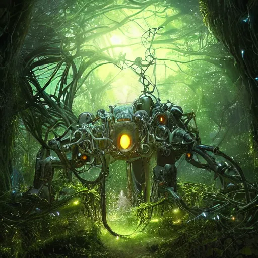 Image similar to large mechanical creature with robotic parts and glowing eyes in ethereal forest with vines hanging from the trees, glowing fireflies scattered, desaturated, mystical, sharp focus, highly detailed, artgerm, cgsociety