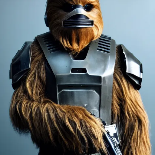 Image similar to chewbacca as master chief, highly detailed, extremely high quality, hd, 4 k, 8 k, canon 3 0 0 mm, professional photographer, 4 0 mp, lifelike, top - rated, award winning, realistic, detailed lighting, detailed shadows, sharp, no blur, edited, corrected, trending