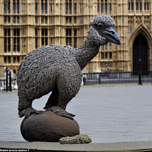 Image similar to a stone sculpture of boris johnson riding an ostrich outside the houses of parliament