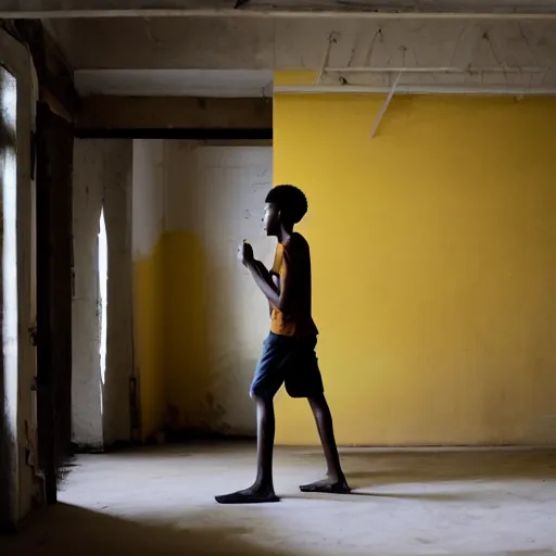 Image similar to black teenage boy with a long nose wearing a white tank top, walking in a nostalgic room with yellow walls and brown carpet