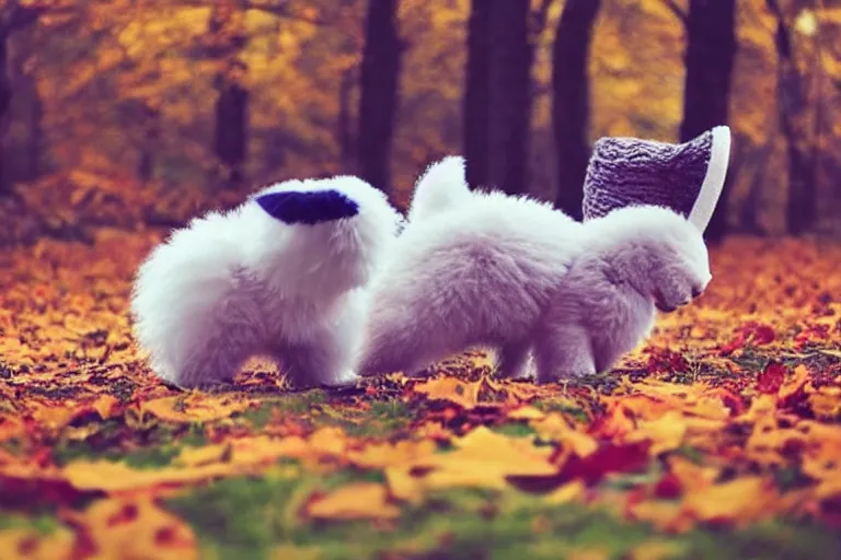 Image similar to real life pokemon, cute!!!, heroic!!!, adorable!!!, playful!!!, chubby!!! fluffly!!!, happy!!!, cheeky!!!, mischievous!!!, ultra realistic!!!, autumn, slight overcast weather, golden hour, sharp focus