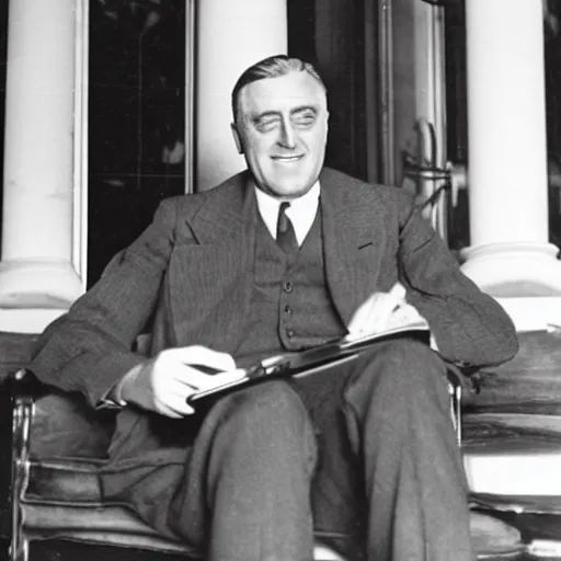 Prompt: 1932 photo of Franklin Roosevelt shows he did in fact own a macbook pro