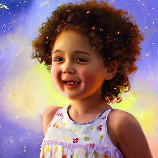 Prompt: A little girl with curly brown hair with a happy expression wearing a summer dress dancing with fireflies, beautiful oil painting trending on artstation