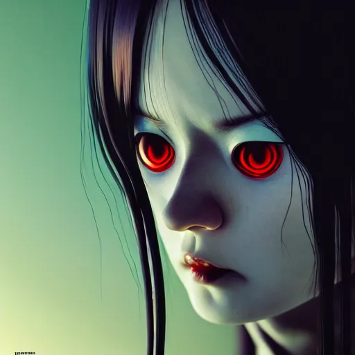 Image similar to look at me by junji ito, green red black blue eyes and long black hair by junji ito, painted by junji ito, rtx reflections, octane render 1 2 8 k, extreme high intricate details by wlop, digital anime art by ross tran, wide shot, composition by tom bagshaw, lighting by wlop