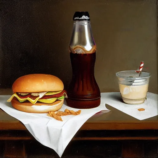 Prompt: McDonalds wrapper on table, milkshake, coca cola bottle, Dutch Still Life of the 1600s, oil painting