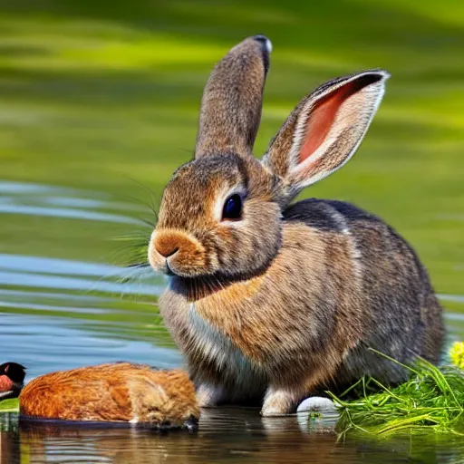 Image similar to high detailed photo of a rabbit relaxing at a nearby lake with a duck floating by.