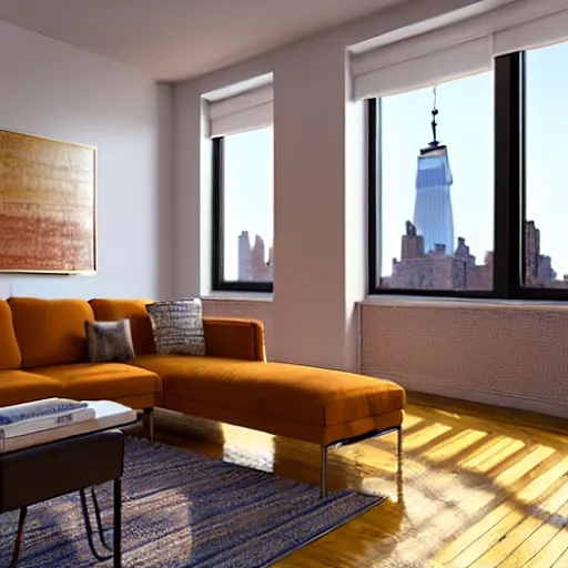 Prompt: Interior of a New York City apartment during golden hour, realistic