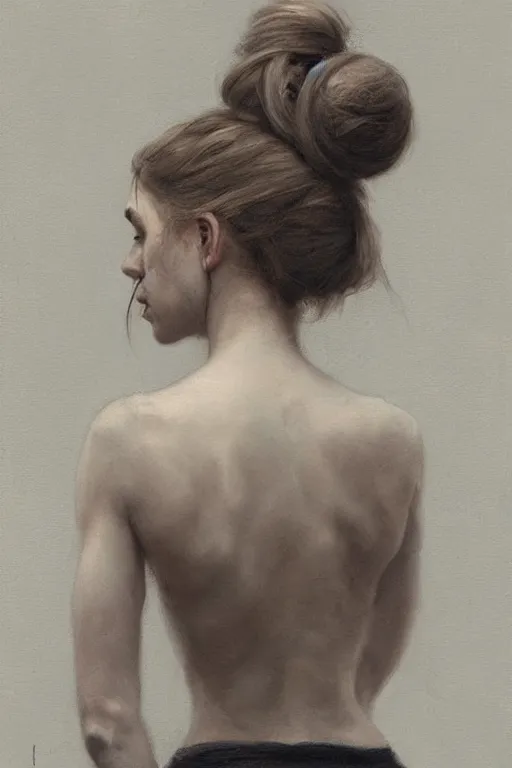 Image similar to girl with messy bun hairstyle, back view, tattoo sleeve, jeremy lipking, joseph todorovitch