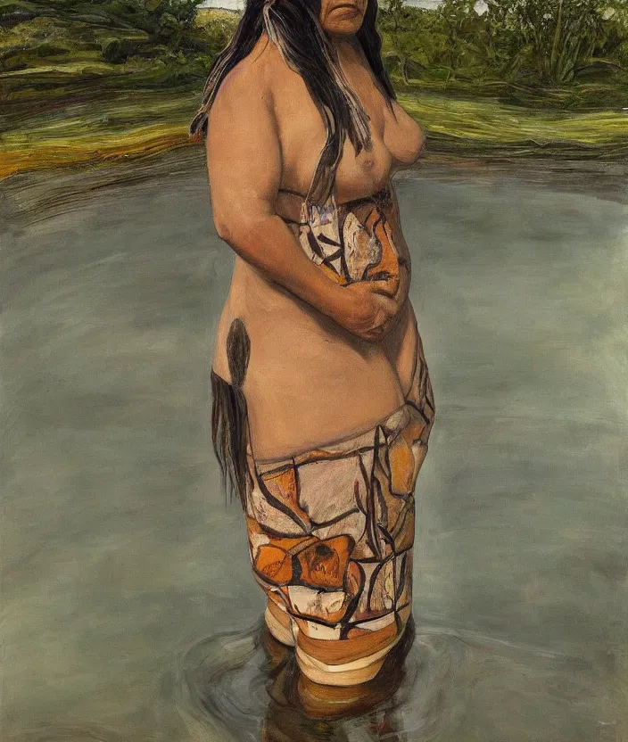 Image similar to indigenous woman standing in a pond, painted by lucian freud, hd, super detailed, realistic, muted colors