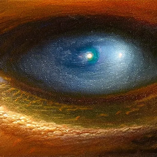 Image similar to a highly detailed photorealistic painting of a ( ( ( human eye ) ) )!!!!!!! reflecting the milky way galaxy